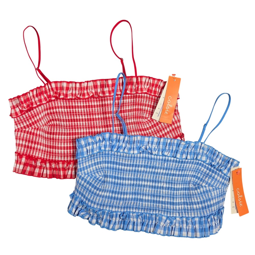 Colsie Gingham Smocked Cami Crop Top Set Red Blue M L NWT Boho Summer Casual